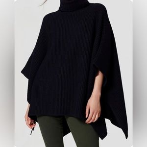 LOFT oversized wool poncho turtleneck sweater navy blue XSP/SP side ties robbed